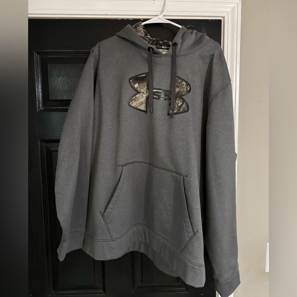 Heather Gray with camo symbol and inside hood, Under Armour hoodie.